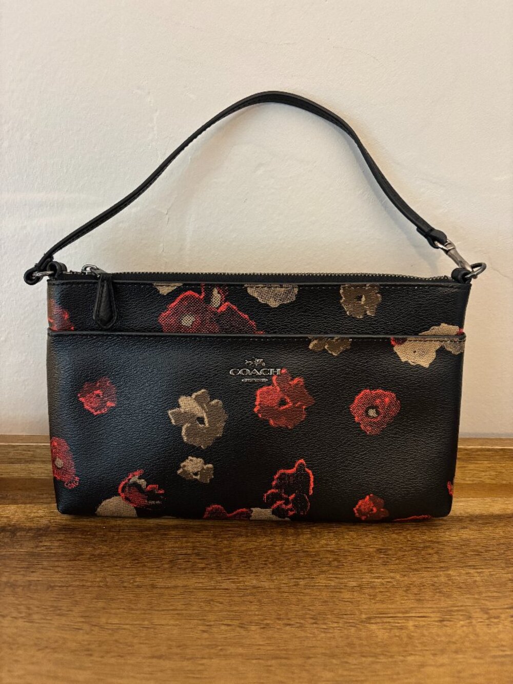 Coach Black Leather Red Gold Floral Mini Bag
